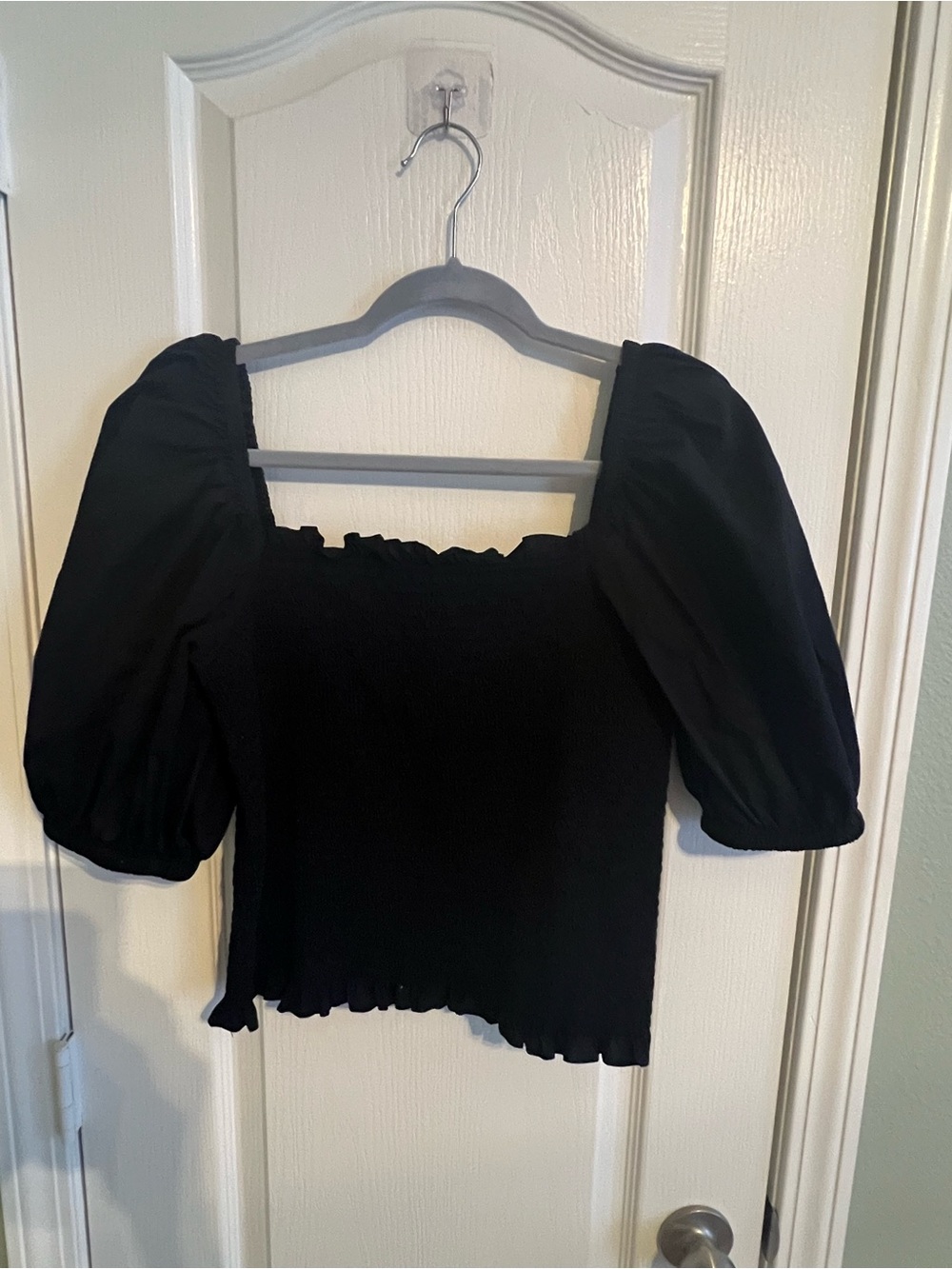 INC International Concepts Black Smocked Puff Sleeve Top L NWOT